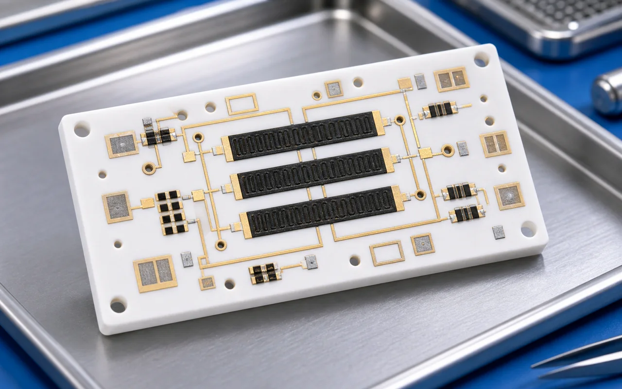 96 percent alumina thick film ceramic circuit with gold traces and black resistor networks