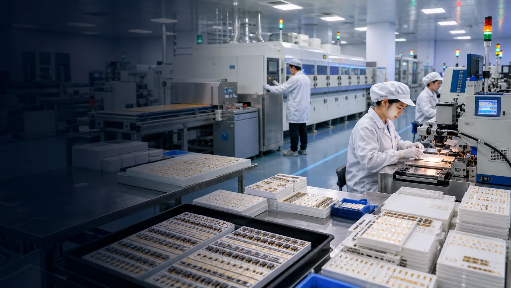 Clean thick film ceramic circuit workshop with technicians, furnace line and inspection stations