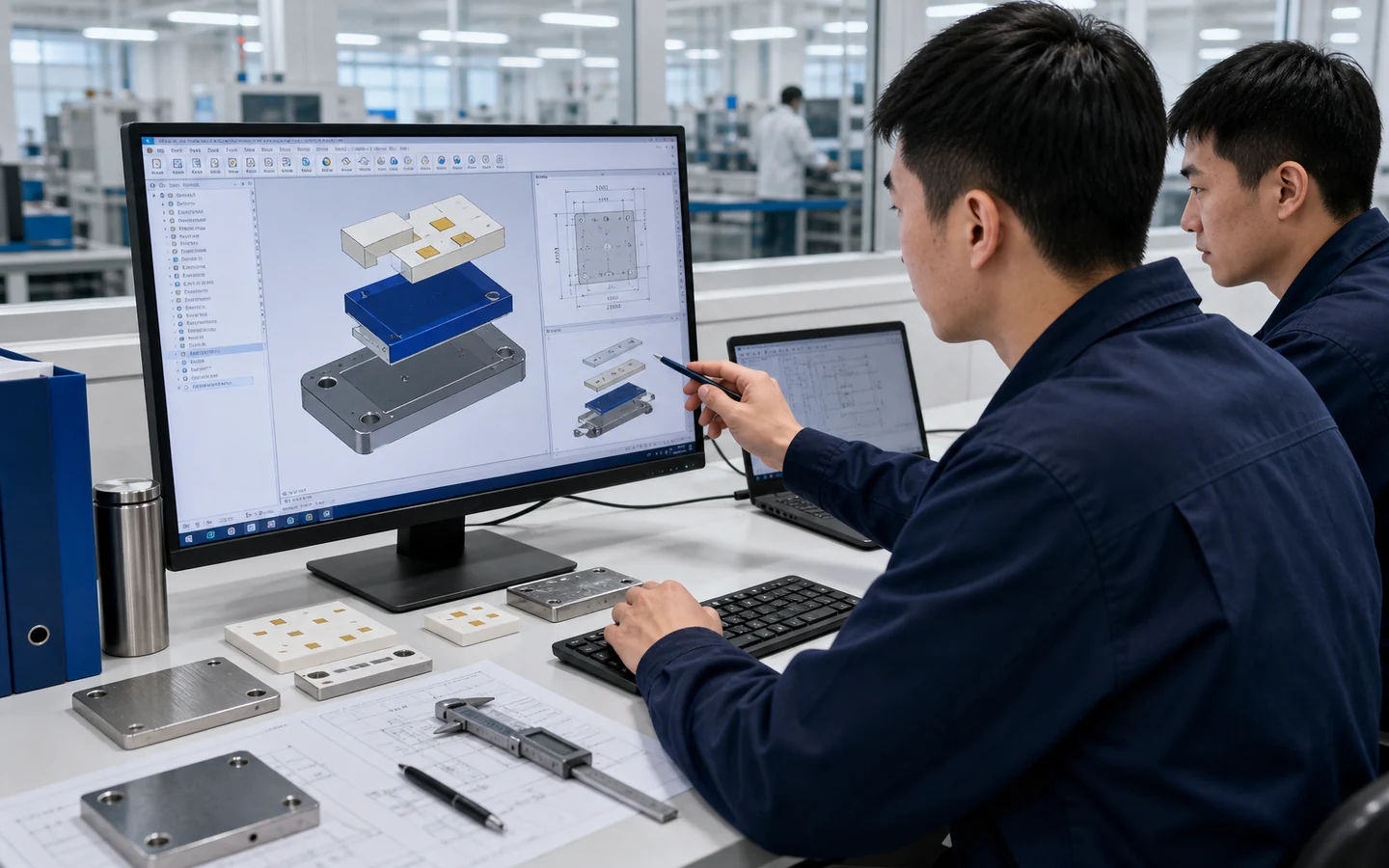 Engineering design department with computer screen showing a 3D CAD model of a layered ceramic module